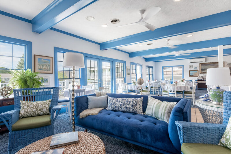 renovated sparhawk oceanfront resort lobby blue accents couch seating area