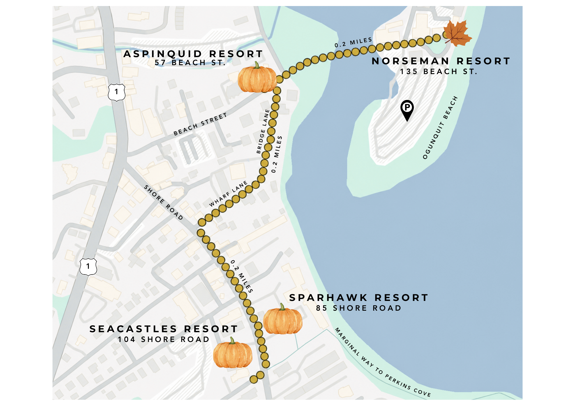 ogunquit giant pumpkin walking tour map norseman resort, aspinquid resort, seacastles and sparhawk