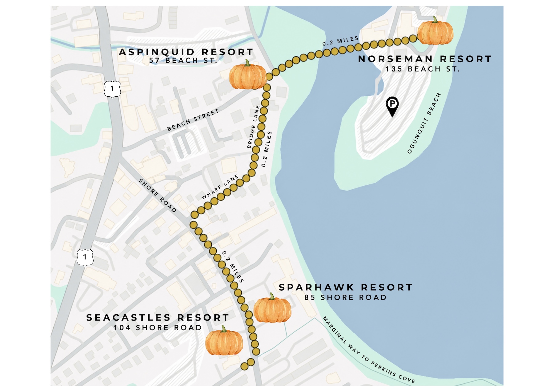 ogunquit giant pumpkin walking tour map norseman resort, aspinquid resort, seacastles and sparhawk